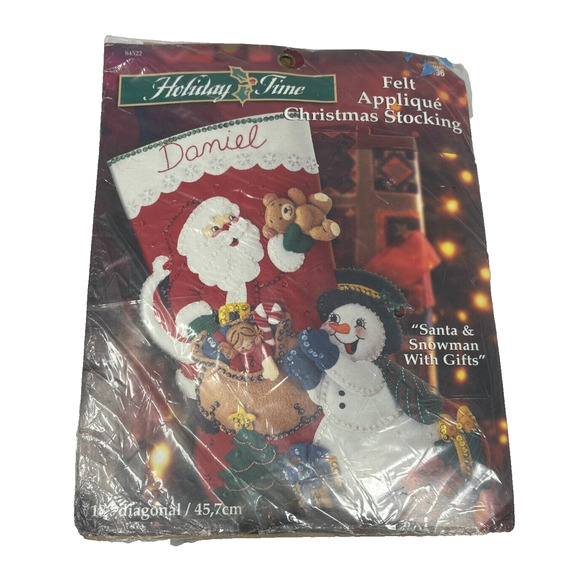 Vtg Holiday Christmas Santa Snowman Felt Applique Stocking Kit - Picture 1 of 4